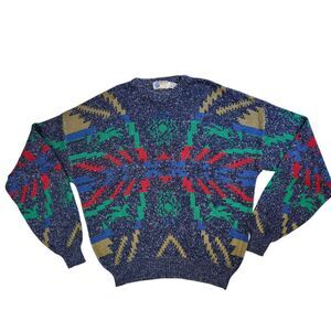 Vtg Men's XL Sweater Colorful Geometric Blue Red Aztec Heavy Knit Grandpa Cosby